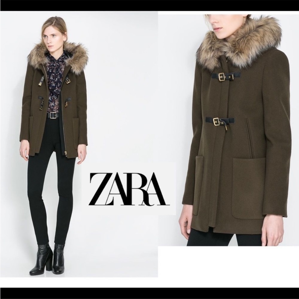 ZARA khaki army green faux fur trim hood duffle coat Sz M